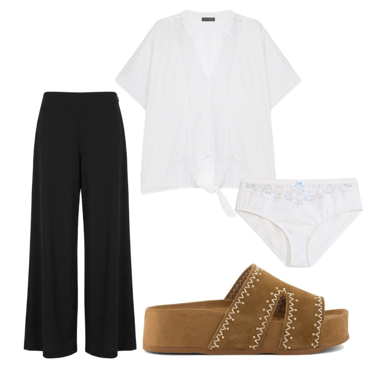 Outfit donna - Blusa in seta con nodo. Stile Basic per Ufficio. Abbinamento con culotte, bluse, pantaloni a palazzo, zeppe.