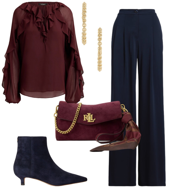 Outfit donna - Suedè. Stile Chic per Serata fuori. Abbinamento con bluse, pantaloni, stivaletti, borse a tracolla, orecchini.