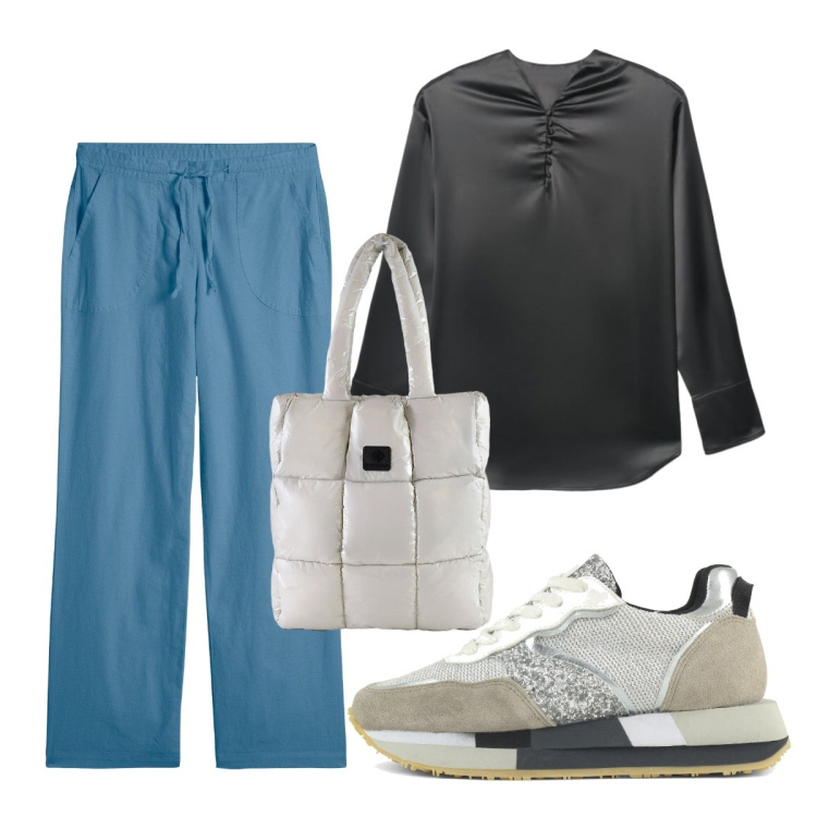 Outfit donna - Pantaloni a palazzo in misto lino. Stile Sporty chic per Scuola/Università. Abbinamento con pantaloni a palazzo, bluse, shopping bag, sneakers.