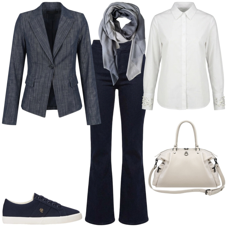 Outfit donna - Sporty chic ufficio tempo libero. Stile Sporty chic per Tutti i giorni. Abbinamento con foulard, shopping bag, sneakers, blazer, camicie, jeans.