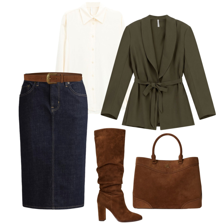 Outfit donna - Camoscio tabacco glam. Stile Casual chic per Tutti i giorni. Abbinamento con camicie, blazer, gonne, borse a mano, stivali, cinture.