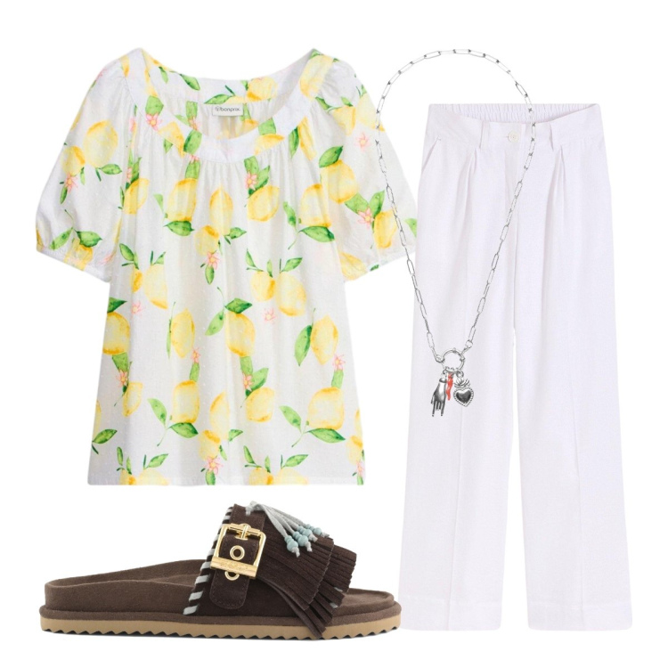 Outfit donna - Blusa con maniche a palloncino. Stile Boho per Mare. Abbinamento con pantaloni a palazzo, bluse, ciondoli, sandali in pelle.