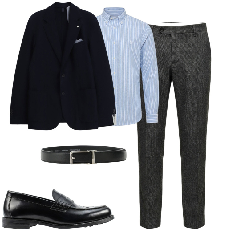 Outfit uomo - Business. Stile Business/Elegante per Tutti i giorni. Abbinamento con camicie, pantaloni, giacche, cinture, scarpe stringate.