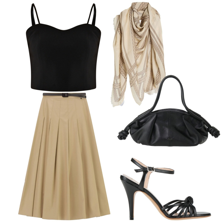 Outfit donna - Ultime serate estive. Stile Chic per Serata fuori. Abbinamento con sandali in pelle, sciarpe, gonne lunghe, borse a mano, top.