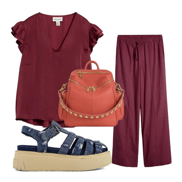 Outfit donna - Blusa con volant. Stile Minimal per Tutti i giorni. Abbinamento con pantaloni a palazzo, bluse, zaini, sandali.