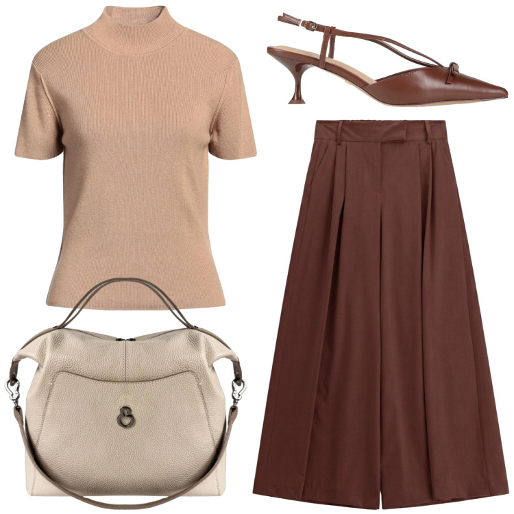 Outfit donna - Eleganza rilassata. Stile Chic per Tutti i giorni. Abbinamento con maglieria, décolleté, pantaloni a palazzo, borse a mano.