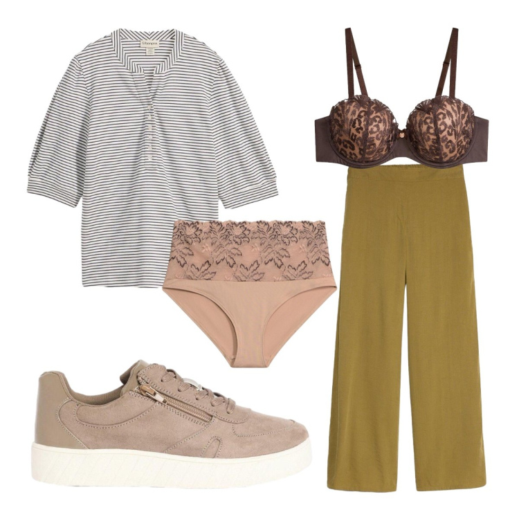 Outfit donna - Blusa con maniche a sbuffo. Stile Urban per Ufficio. Abbinamento con pantaloni a palazzo, culotte, sneakers, bluse, reggiseni a balconcino.