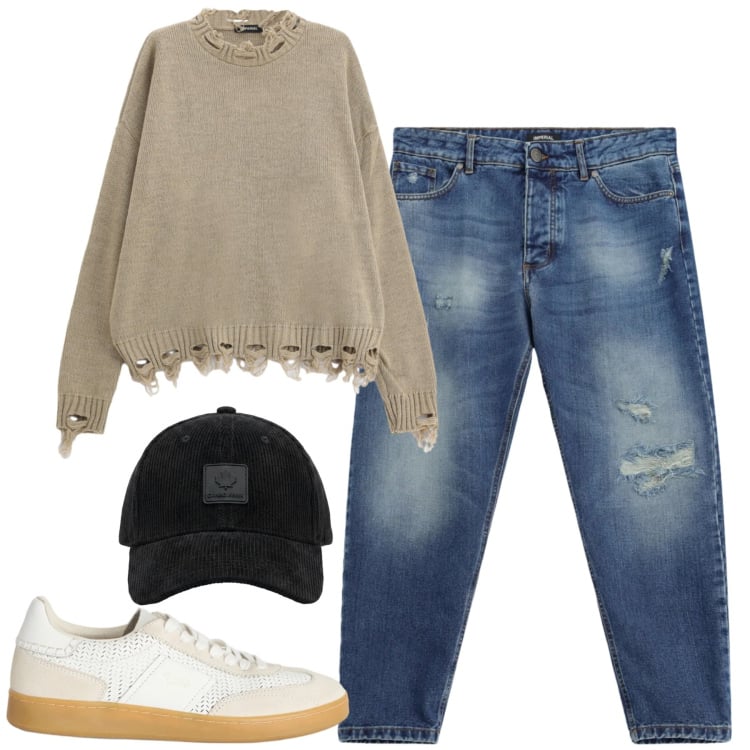 Outfit uomo - Settembre. Stile Casual per Tutti i giorni. Abbinamento con sneakers, jeans strappati, maglieria, cappelli con visiera.