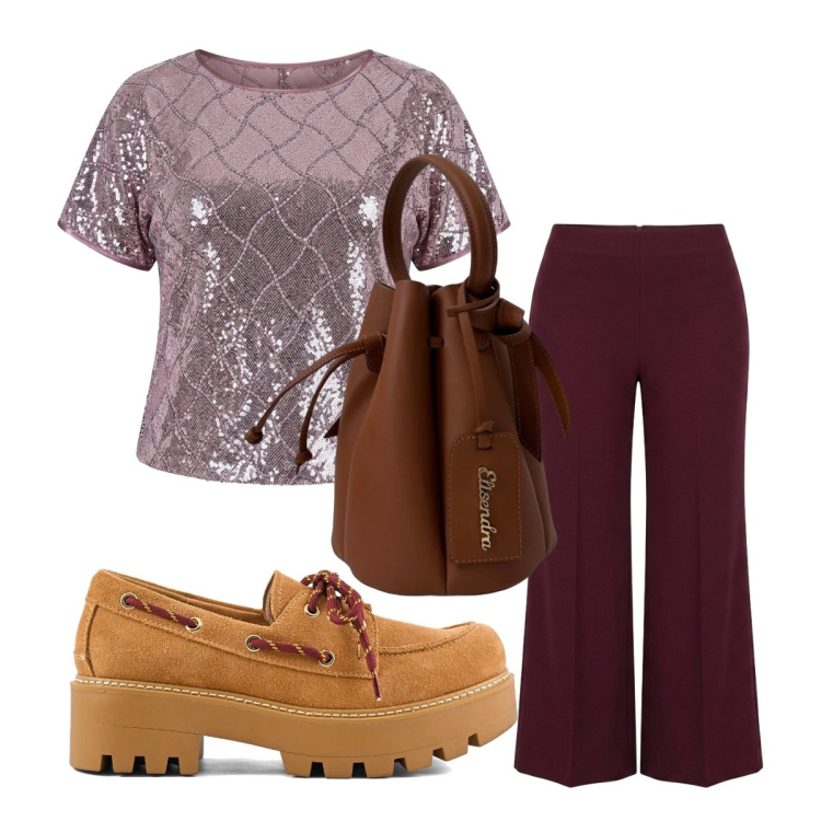 Outfit donna - Pantalone palazzo e blusa in seta. Stile Casual chic per Serata fuori. Abbinamento con pantaloni a palazzo, bluse, borse a secchiello, mocassini.
