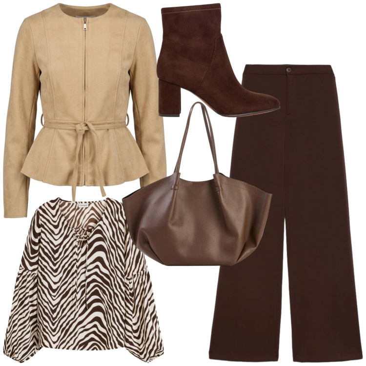 Outfit donna - Il completo morbido e trendy. Stile Chic per Tutti i giorni. Abbinamento con bluse, shopping bag, stivaletti, pantaloni a palazzo, blazer.