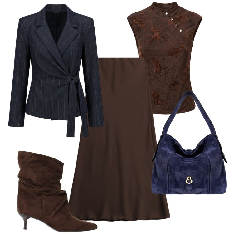 Outfit donna - Camoscio blu e cioccolato. Stile Chic per Serata fuori. Abbinamento con stivali, gonne lunghe, borse a spalla, top, blazer.