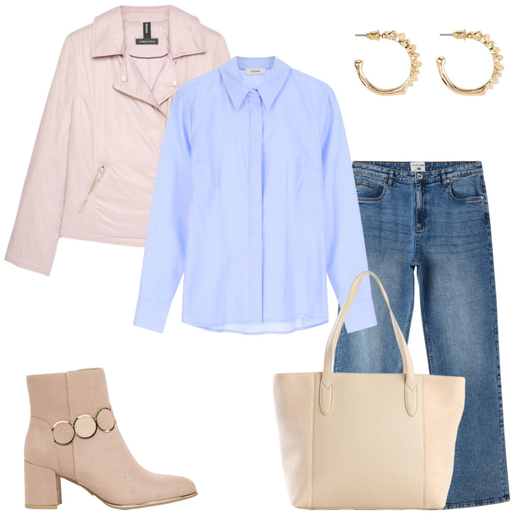 Outfit donna - Ornella. Stile Casual chic per Tutti i giorni. Abbinamento con orecchini, stivaletti, shopping bag, jeans dritti, camicie, piumini.