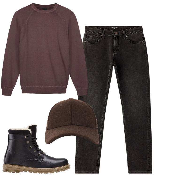 Outfit uomo - Terranno. Stile Casual per Tutti i giorni. Abbinamento con stivali e stivaletti, maglieria, jeans, cappelli con visiera.