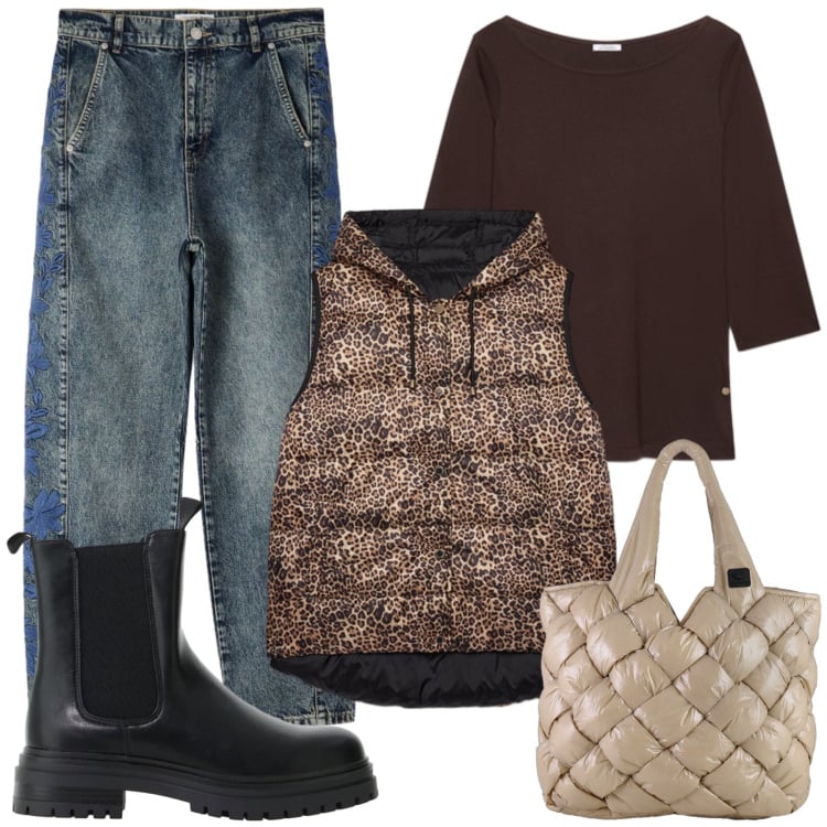 Outfit donna - Sabina. Stile Casual chic per Tutti i giorni. Abbinamento con stivaletti chelsea, jeans, piumini, t-shirt, borse tote.