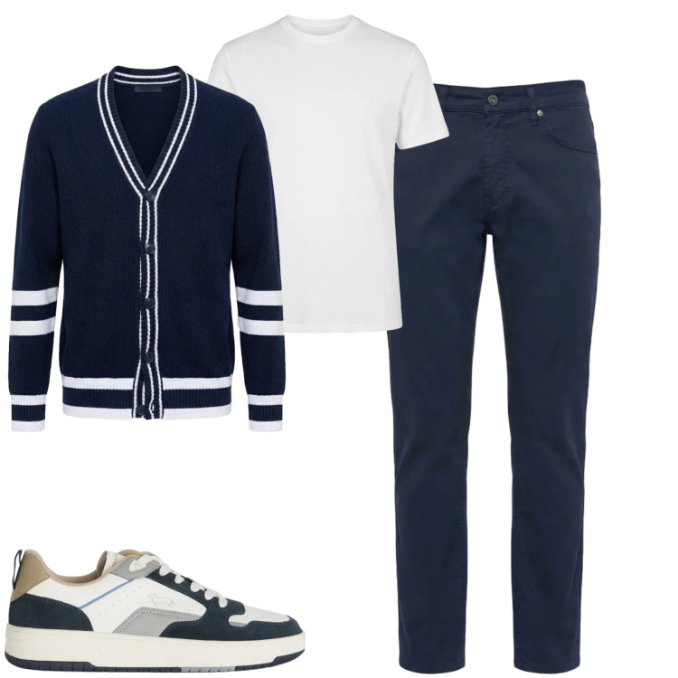 Outfit uomo - Settembre. Stile Casual per Tutti i giorni. Abbinamento con t-shirt, cardigans, pantaloni, sneakers.