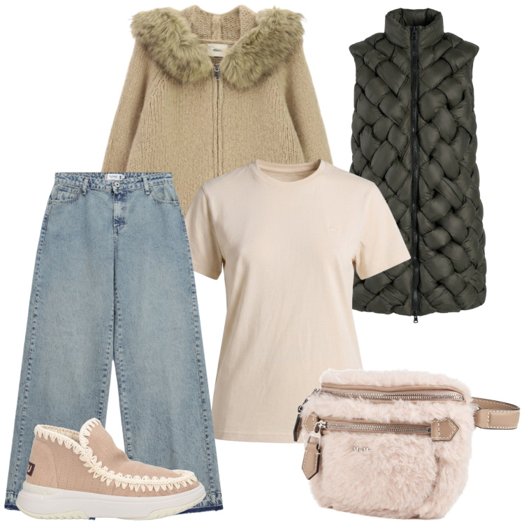 Outfit donna - Barbara. Stile Casual chic per Tutti i giorni. Abbinamento con stivaletti, marsupi, t-shirt, jeans dritti, cardigans, piumini.