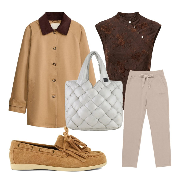 Outfit donna - Trench per la mezza stagione. Stile Trendy per Tutti i giorni. Abbinamento con trench, pantaloni, borse tote, top, mocassini.