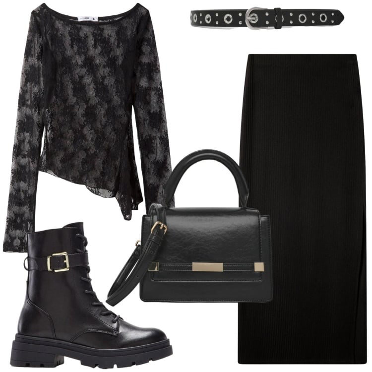 Outfit donna - Dark lady look. Stile Glamour per Serata fuori. Abbinamento con anfibi, maglieria, gonne lunghe, borse a tracolla, cinture.