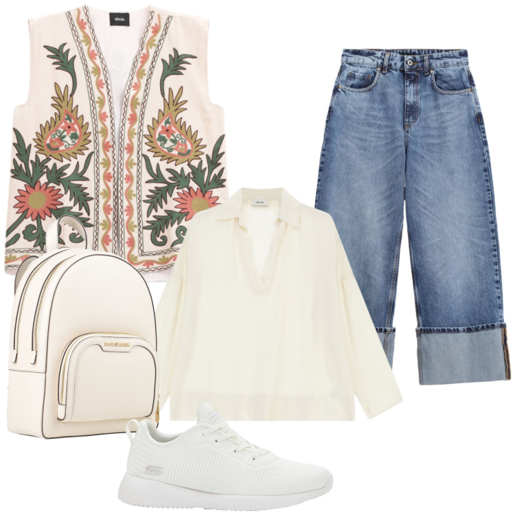 Outfit donna - Sonia. Stile Casual chic per Tutti i giorni. Abbinamento con zaini, sneakers, jeans, camicie, gilet.