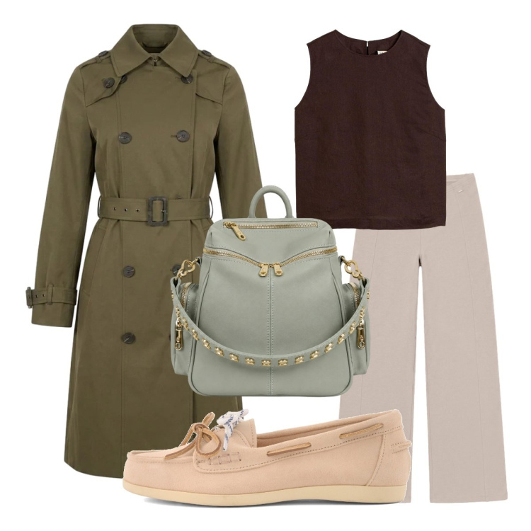 Outfit donna - Trench lungo doppiopetto. Stile Urban per Ufficio. Abbinamento con canottiere, pantaloni, zaini, trench, mocassini.