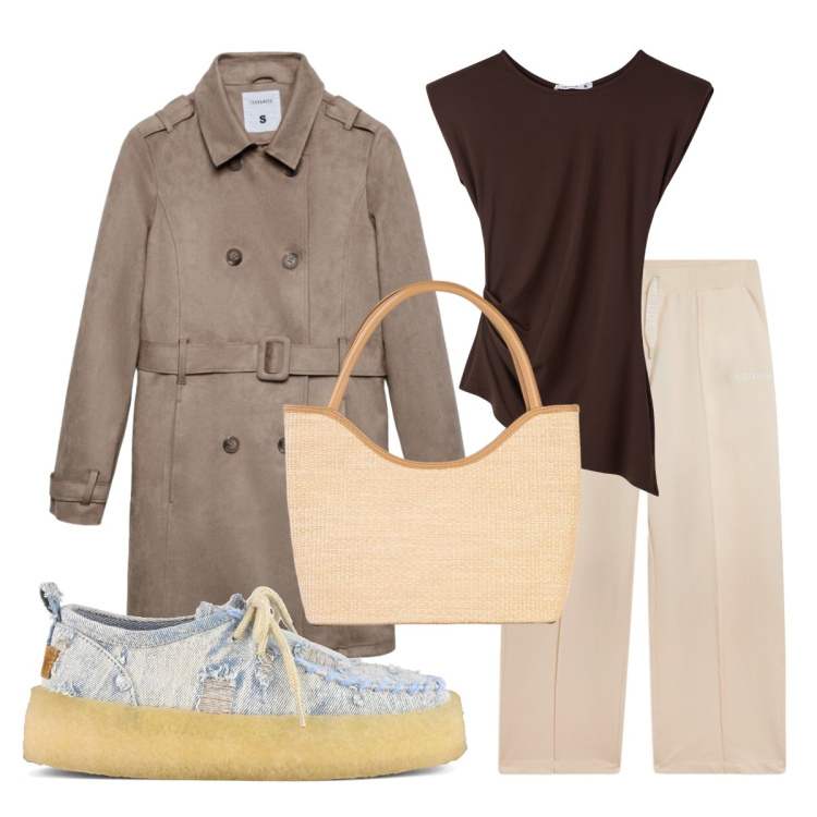 Outfit donna - Trench con cintura. Stile Casual per Scuola/Università. Abbinamento con shopping bag, top, trench, pantaloni, scarpe stringate.