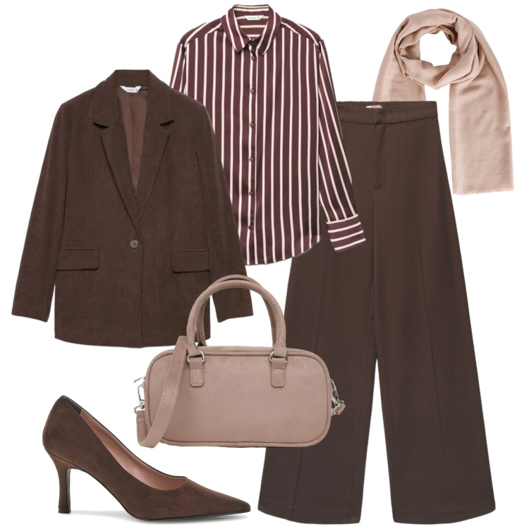 Outfit donna - Curvy Back to Office Terranova. Stile Glamour per Ufficio. Abbinamento con pantaloni, camicie, foulard, borse a tracolla, blazer, décolleté.
