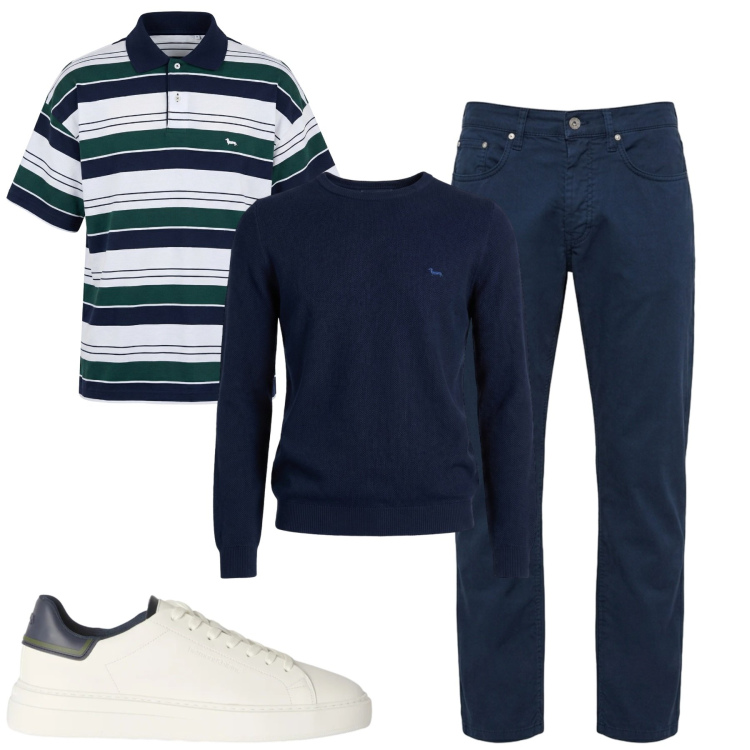 Outfit uomo - Settembre. Stile Casual per Tutti i giorni. Abbinamento con sneakers, pullovers, pantaloni, polo.