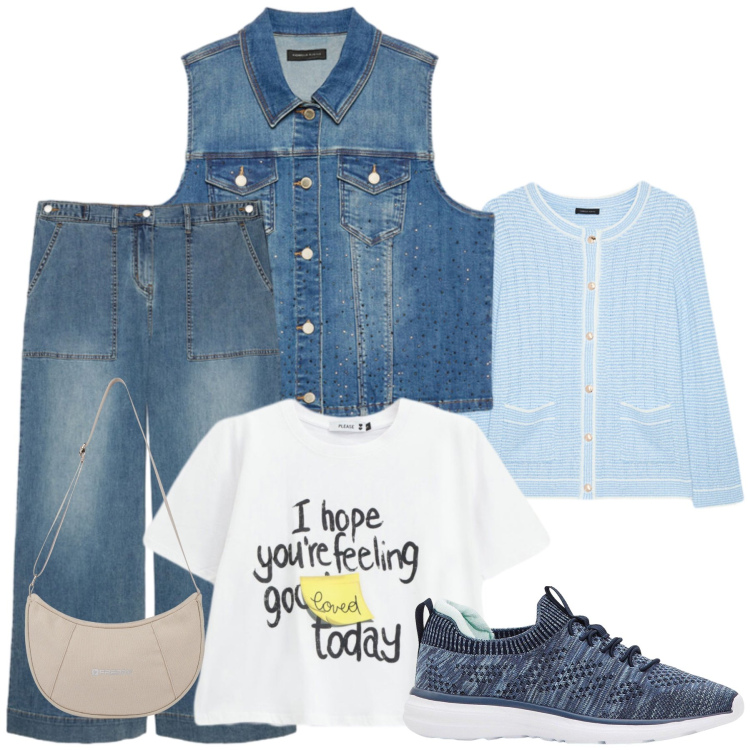 Outfit donna - Cosetta. Stile Casual chic per Tutti i giorni. Abbinamento con sneakers, t-shirt, borse a spalla, gilet, cardigans, jeans.