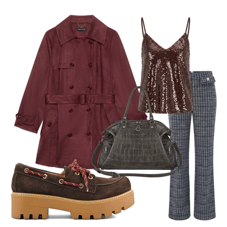 Outfit donna - Trench doppiopetto soft. Stile Bon Ton per Serata fuori. Abbinamento con pantaloni, top, trench, shopping bag, mocassini.