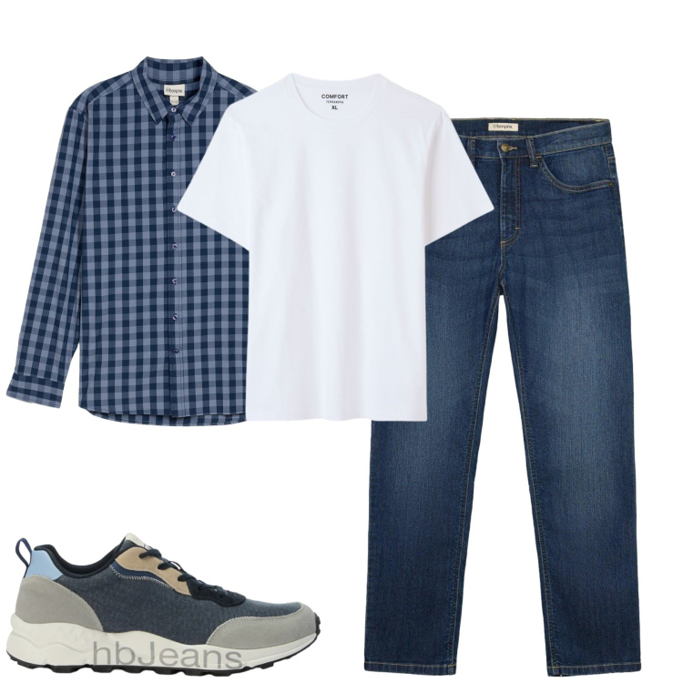 Outfit uomo - City. Stile Casual per Tutti i giorni. Abbinamento con sneakers, t-shirt, jeans dritti, camicie.