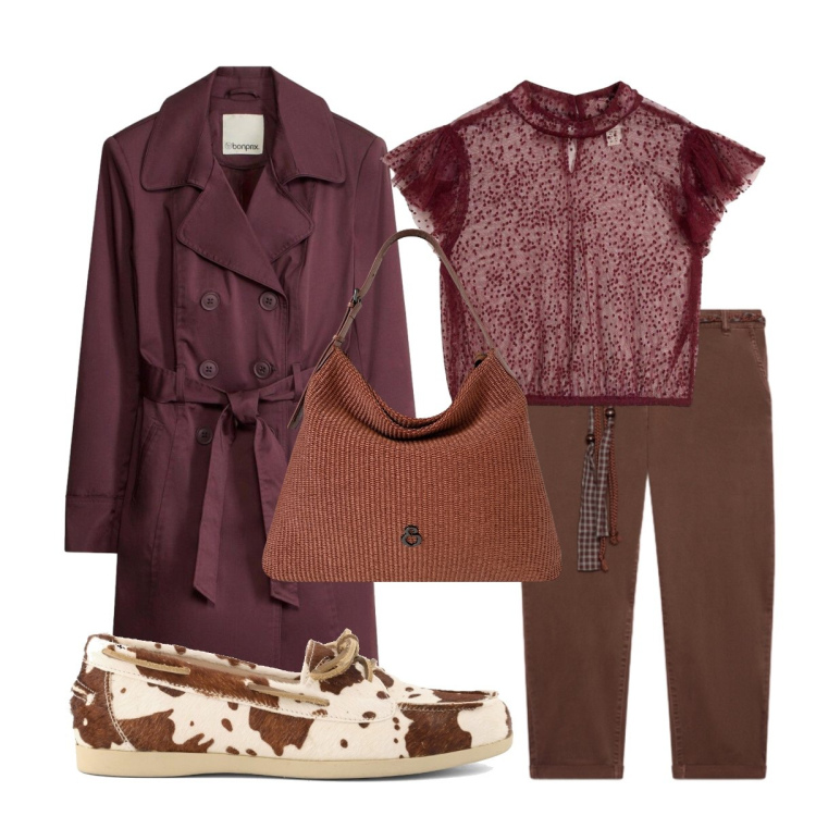 Outfit donna - Trench raffinato. Stile Casual chic per Ufficio. Abbinamento con trench, top, pantaloni chino, borse a spalla, mocassini.
