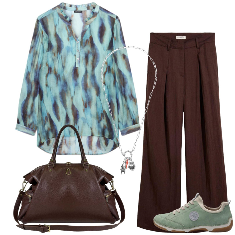 Outfit donna - Total look #2472914. Stile Sporty chic per Tutti i giorni. Abbinamento con pantaloni, sneakers, ciondoli, bluse, borse a spalla.