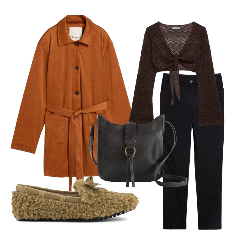 Outfit donna - Trench scamosciato. Stile Sexy per Scuola/Università. Abbinamento con pantaloni, borse a tracolla, trench, top, mocassini.