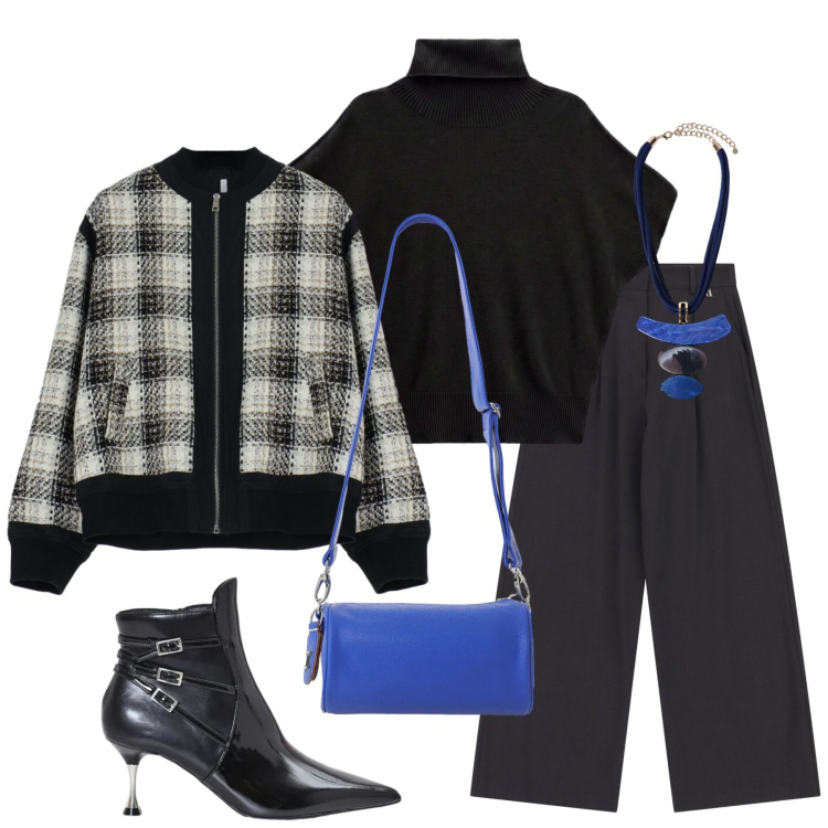 Outfit donna - Total look #2472919. Stile Glamour per Serata fuori. Abbinamento con pullovers, borse a tracolla, bomber, pantaloni a palazzo, stivaletti, ciondoli.