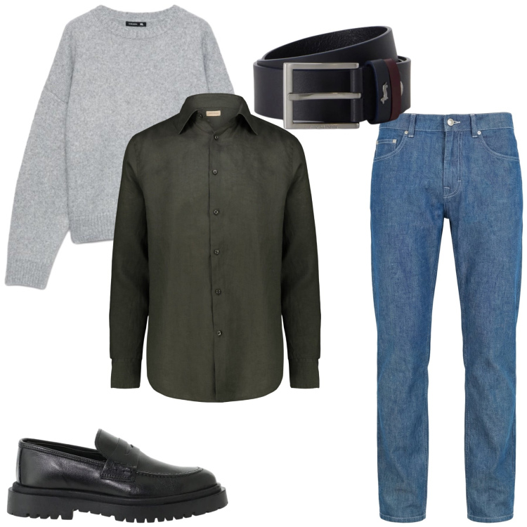 Outfit uomo - Andrea. Stile Trendy per Ufficio. Abbinamento con jeans, cinture, scarpe stringate, camicie, maglieria.