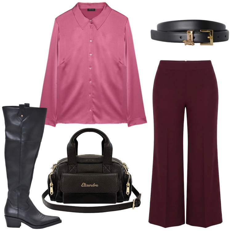 Outfit donna - Total look #2472923. Stile Chic per Tutti i giorni. Abbinamento con cinture, pantaloni a palazzo, stivali, camicie, borse a mano.