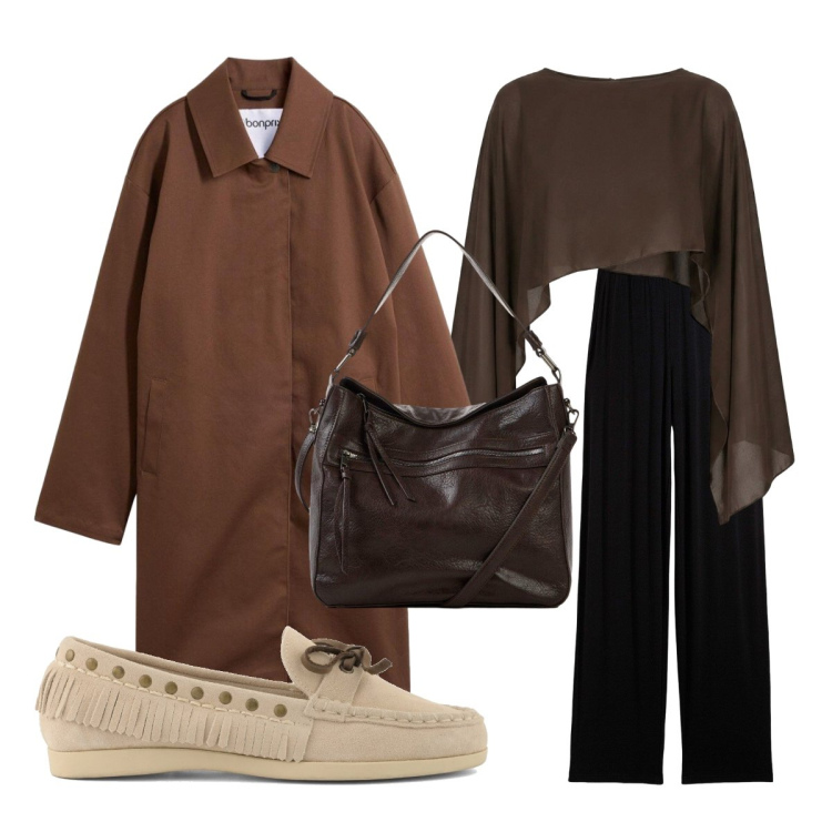 Outfit donna - Trench oversize. Stile Bon Ton per Ufficio. Abbinamento con shopping bag, pantaloni, trench, top, mocassini.