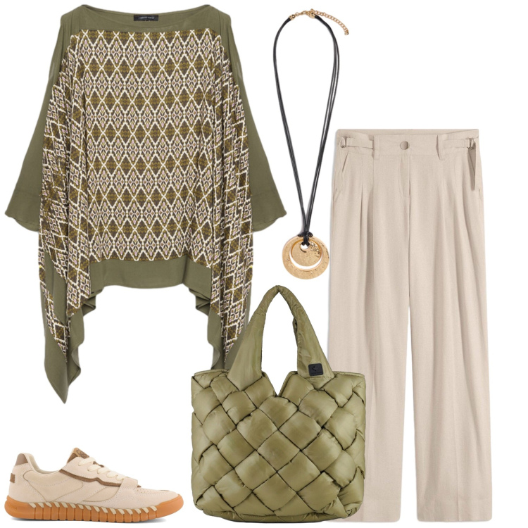 Outfit donna - Total look #2472930. Stile Casual chic per Tutti i giorni. Abbinamento con pantaloni a palazzo, borse tote, bluse, ciondoli, sneakers.