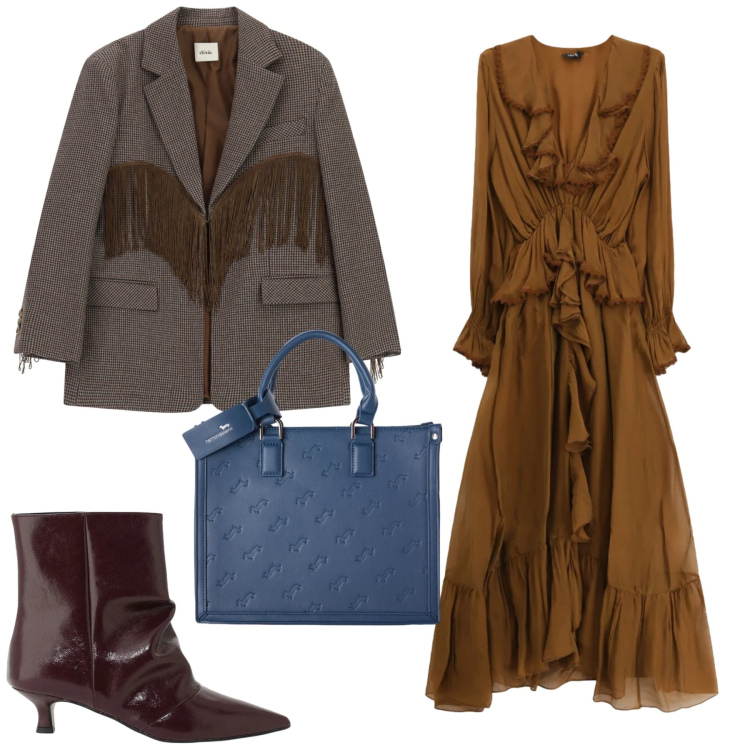 Outfit donna - Total look #2472936. Stile Etnico per Tutti i giorni. Abbinamento con borse a mano, vestiti midi/longuette, stivaletti, blazer.