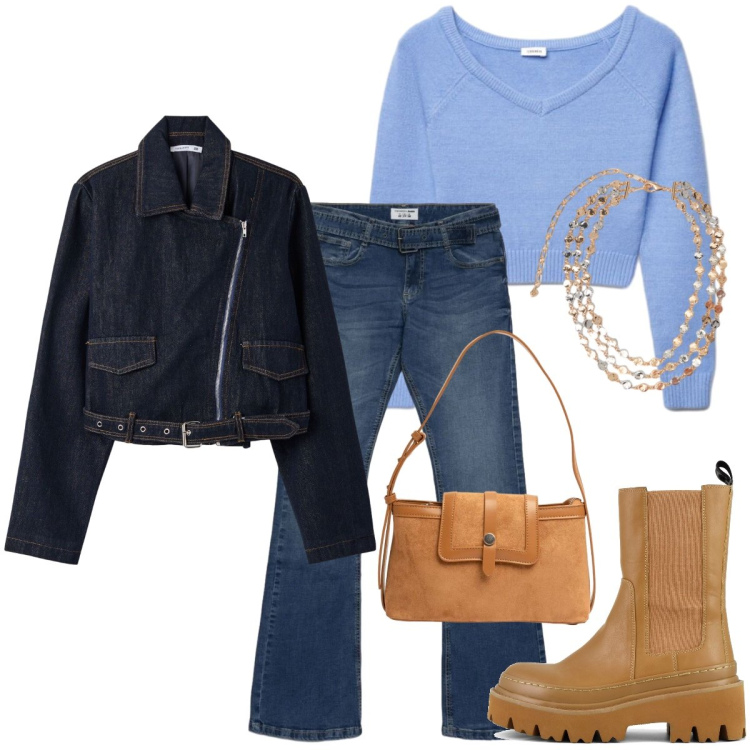 Outfit donna - Jeans per la giornata. Stile Basic per Tutti i giorni. Abbinamento con jeans a zampa, cappotti, maglieria, collane, borse a tracolla, stivaletti chelsea.