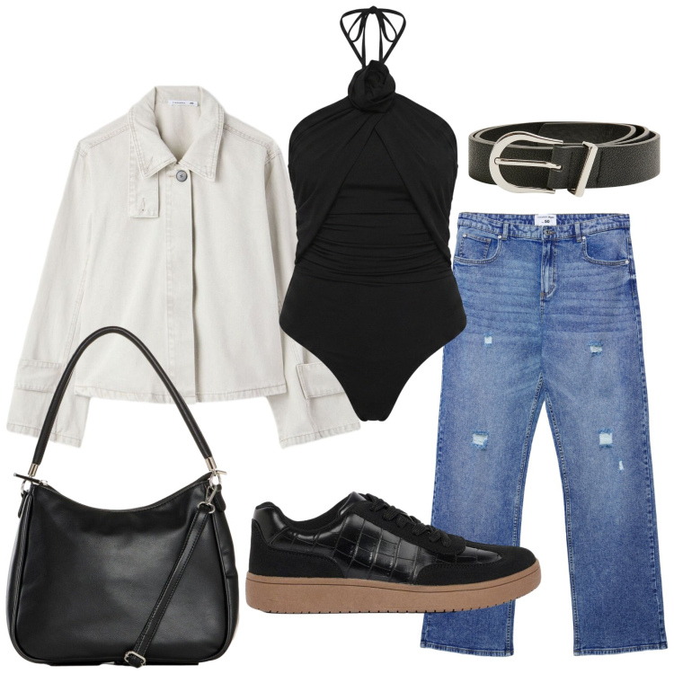 Outfit donna - Total look #2472943. Stile Casual per Tutti i giorni. Abbinamento con borse a mano, sneakers, body, jeans strappati, cappotti, cinture.