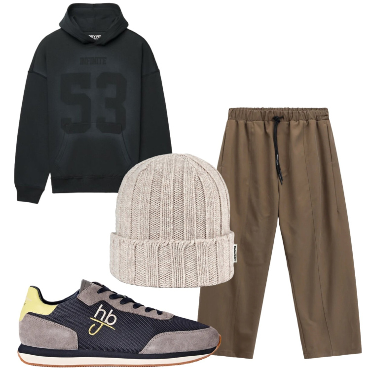 Outfit uomo - Total look #2472951. Stile Urban per Tutti i giorni. Abbinamento con sneakers, pantaloni, cappelli, felpe con cappuccio.