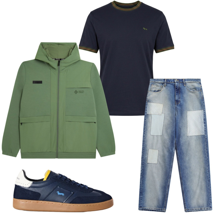 Outfit uomo - Total look #2472952. Stile Casual per Tutti i giorni. Abbinamento con t-shirt, sneakers, jeans, felpe con cappuccio.
