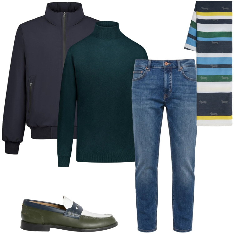 Outfit uomo - Total look #2472957. Stile Casual per Tutti i giorni. Abbinamento con scarpe stringate, sciarpe, jeans, maglieria, bomber.