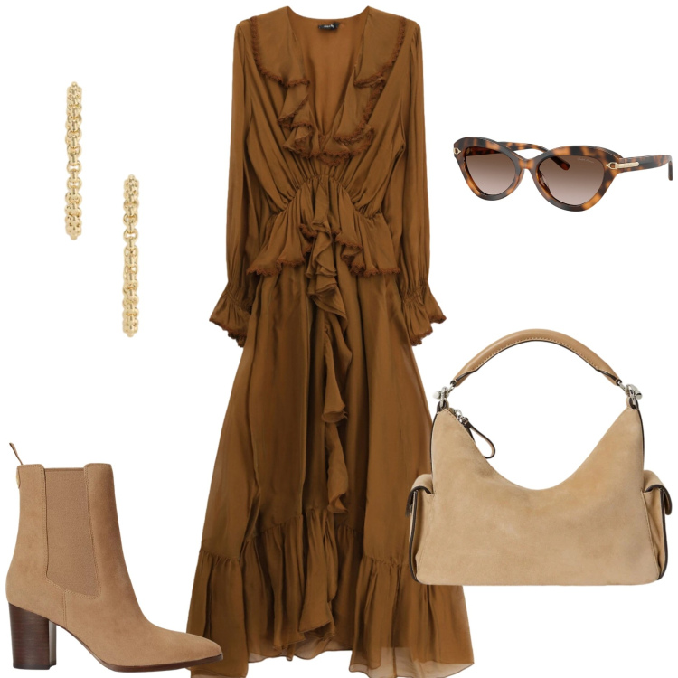 Outfit donna - Speciale accessori suede. Stile Trendy per Tutti i giorni. Abbinamento con occhiali da sole, borse a spalla, stivaletti, orecchini, vestiti midi/longuette.