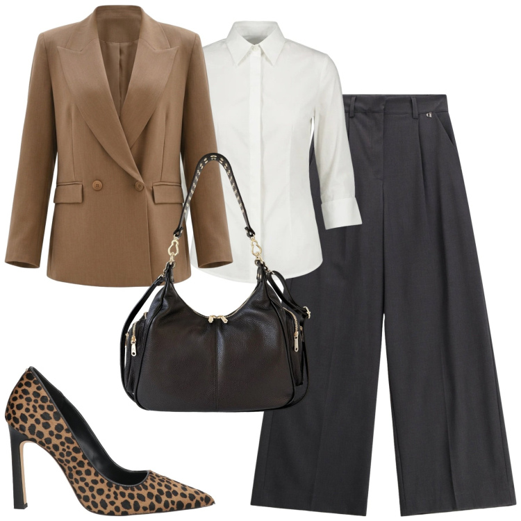 Outfit donna - City. Stile Urban per Tutti i giorni. Abbinamento con décolleté, pantaloni a palazzo, blazer, camicie, borse a spalla.