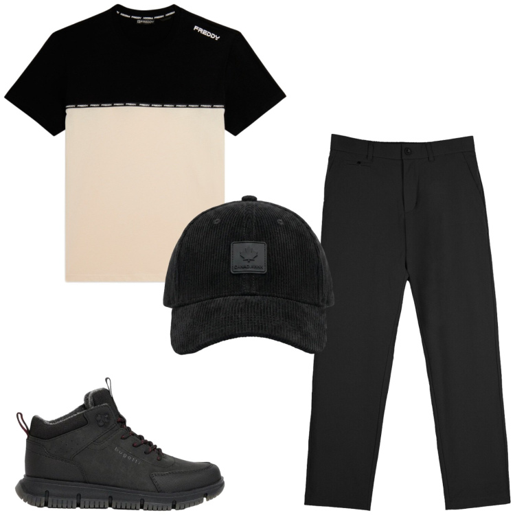 Outfit uomo - Total look #2472980. Stile Urban per Sport. Abbinamento con stivali e stivaletti, t-shirt, pantaloni chino, cappelli con visiera.