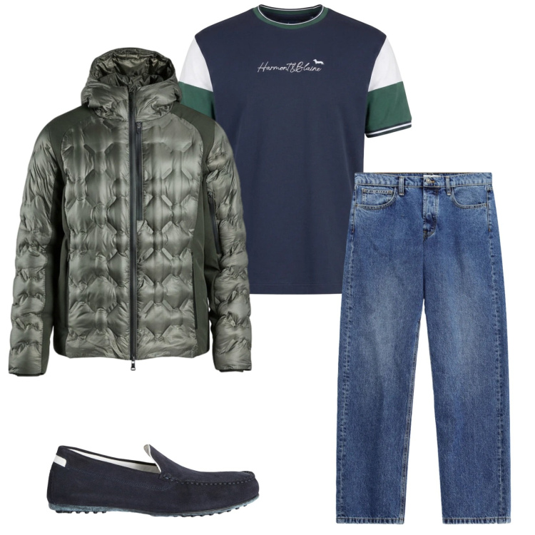 Outfit uomo - Total look #2472982. Stile Trendy per Tutti i giorni. Abbinamento con t-shirt, scarpe stringate, jeans, piumini.