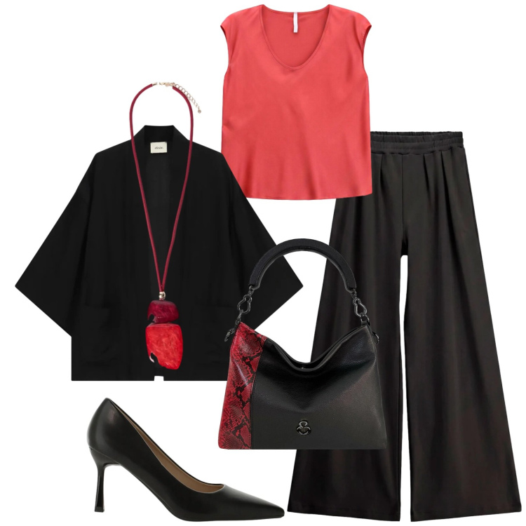 Outfit donna - Total look #2472986. Stile Chic per Serata fuori. Abbinamento con décolleté, top, pantaloni a palazzo, blazer, ciondoli, borse a mano.