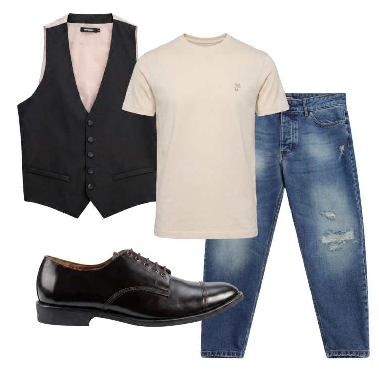 Outfit uomo - Total look #2472987. Stile Trendy per Serata speciale. Abbinamento con t-shirt, jeans strappati, gilet, scarpe stringate.